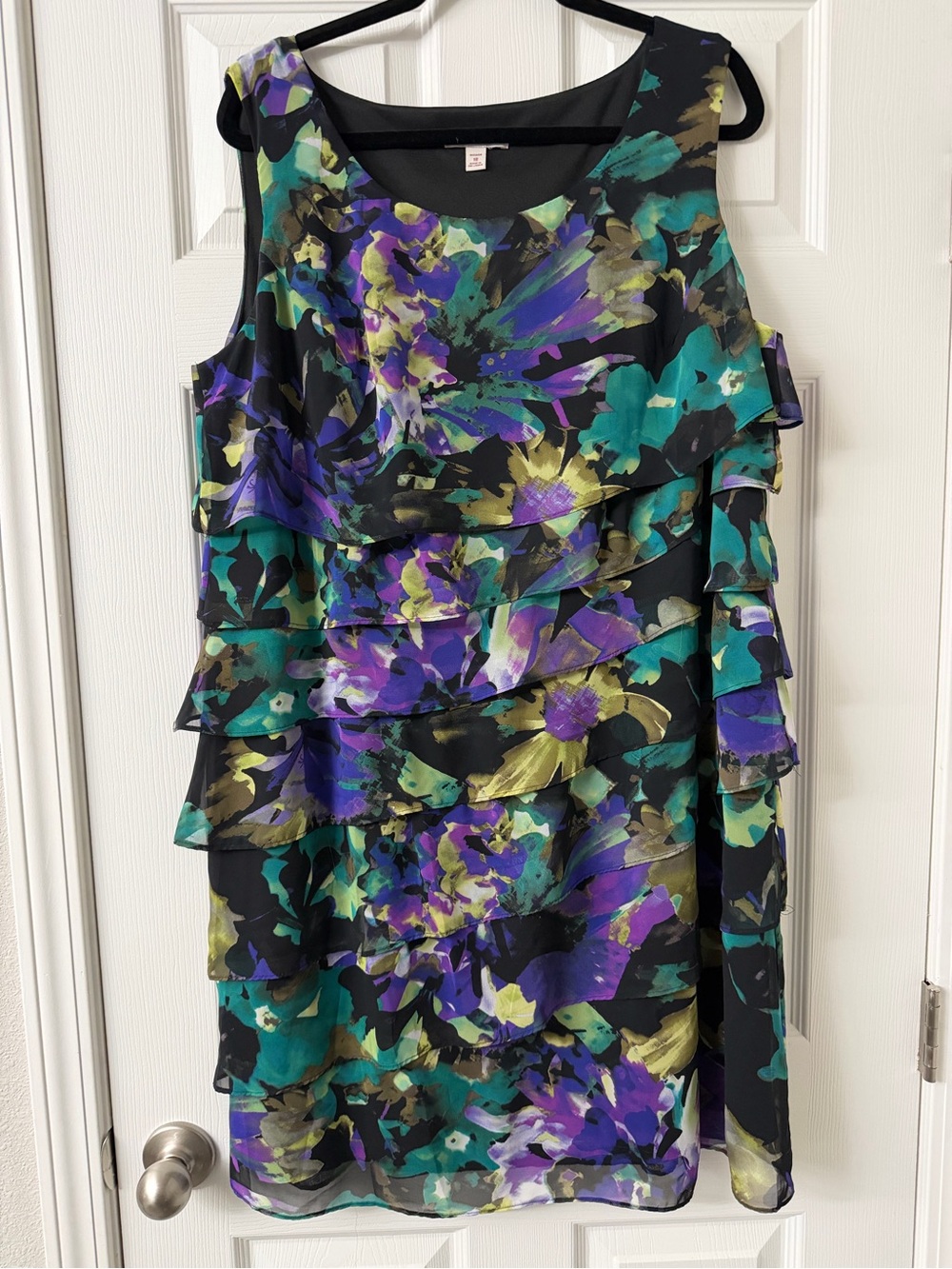 Dressbarn Floral Tiered Ruffle Chiffon Sleeveless Teal Purple Gold Dress Size 18